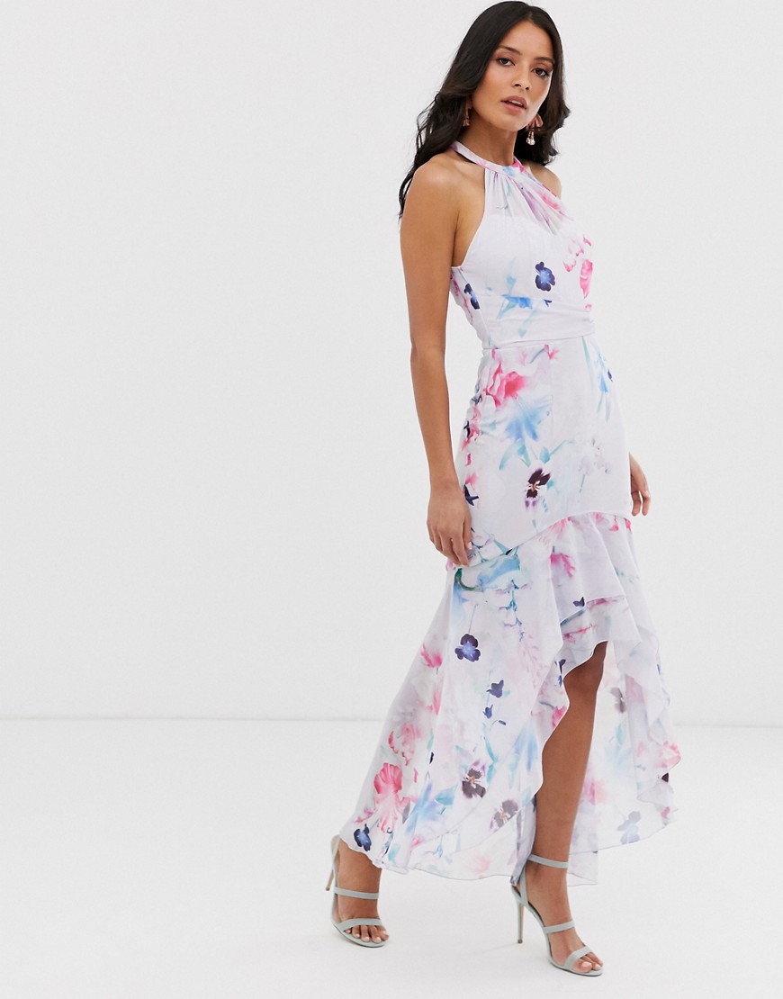 Lipsy halterneck maxi dress with frill in multi floral print