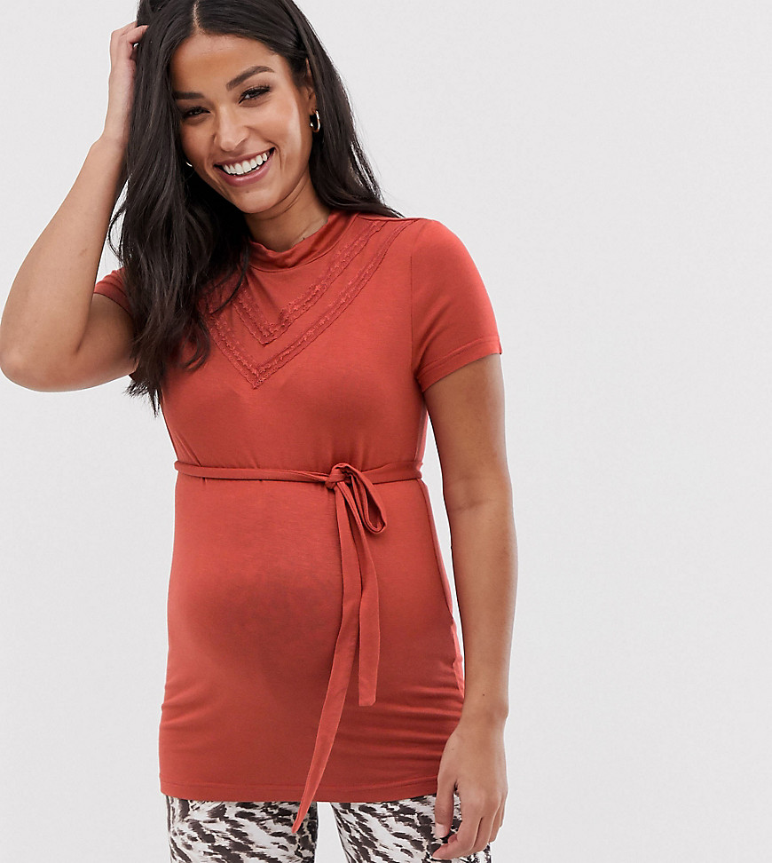 Mamalicious Maternity jersey top with lace insert in rust