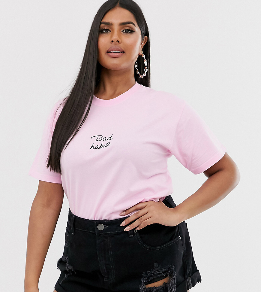 Boohoo Plus t-shirt with bad habits logo in pink