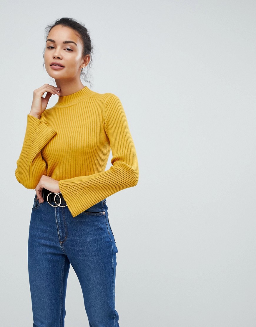 Fashion Union High Neck Ribbed Fitted Jumper - Gold