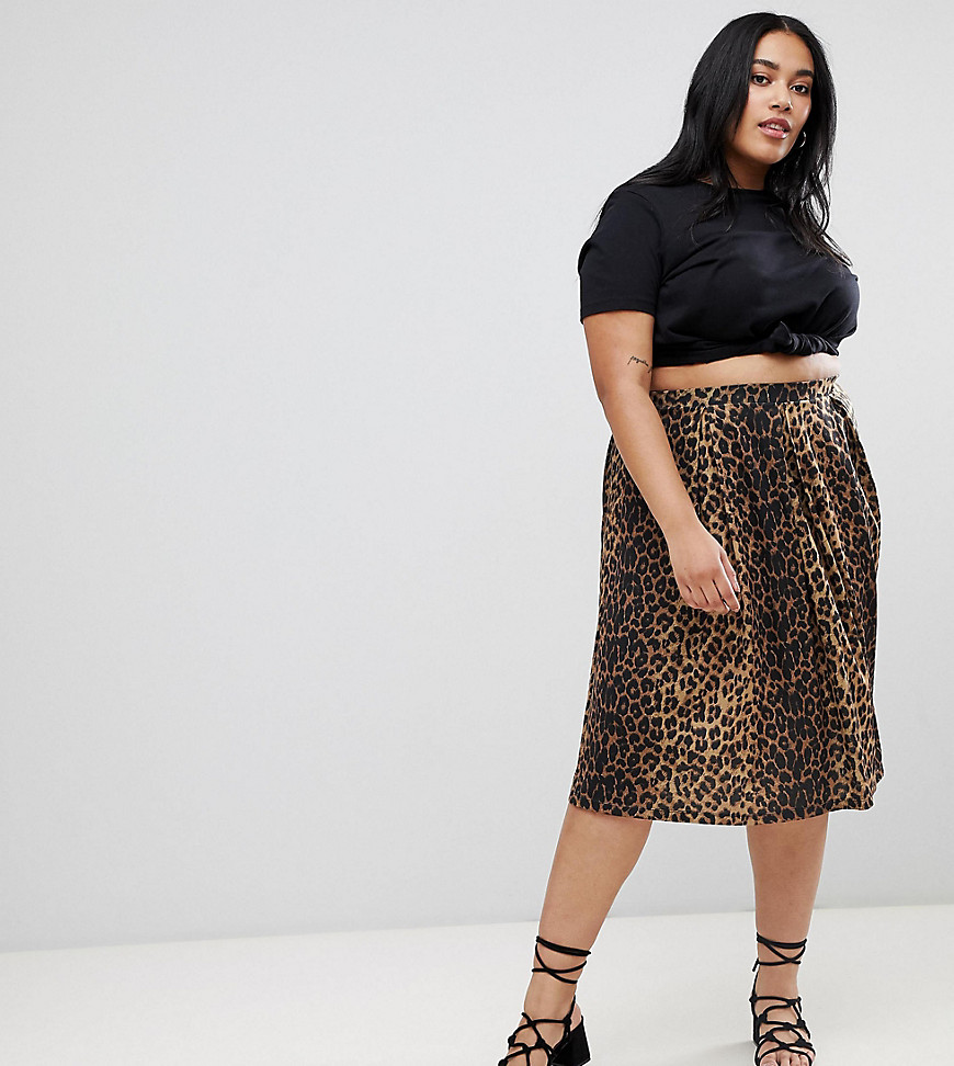ASOS DESIGN Curve box pleat midi skirt in leopard print