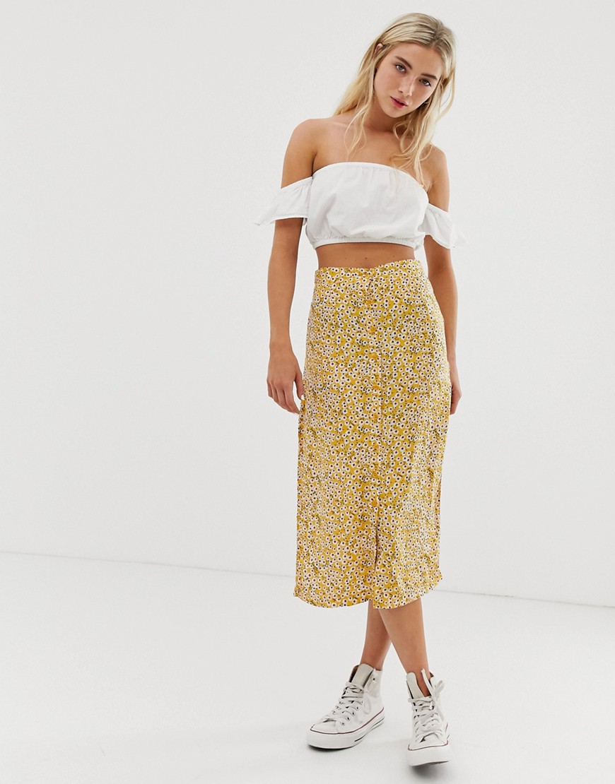 Daisy Street button through midi skirt in sunflower print