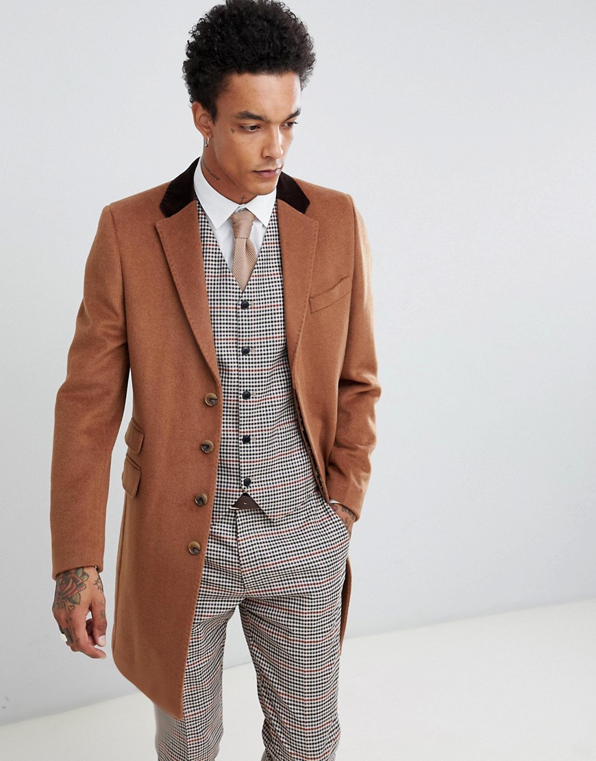 Gianni Feraud Premium Wood Blend Single Breasted Classic Overcoat With Velvet Collar