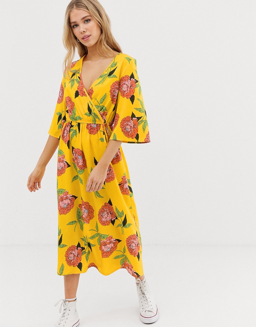 Influence wrap midi dress with flared sleeve in yellow floral
