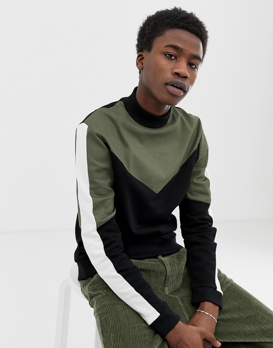 ASOS DESIGN sweatshirt with turtle neck and woven colour blocking in black and green