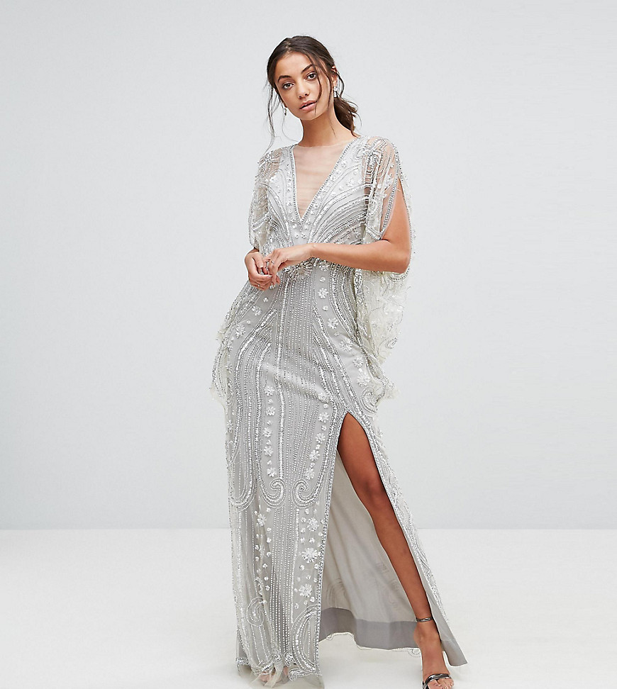 A Star Is Born Tall Embellished Maxi Dress With Cape Sleeves - Silver