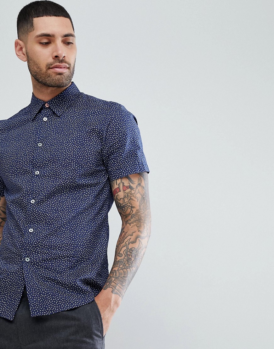 PS Paul Smith Tailored Fit Short Sleeve Micro Pattern Shirt In Navy - 47