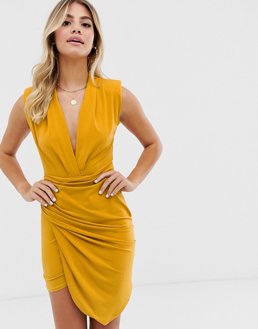 John Zack plunge front ruched mini dress in mustard