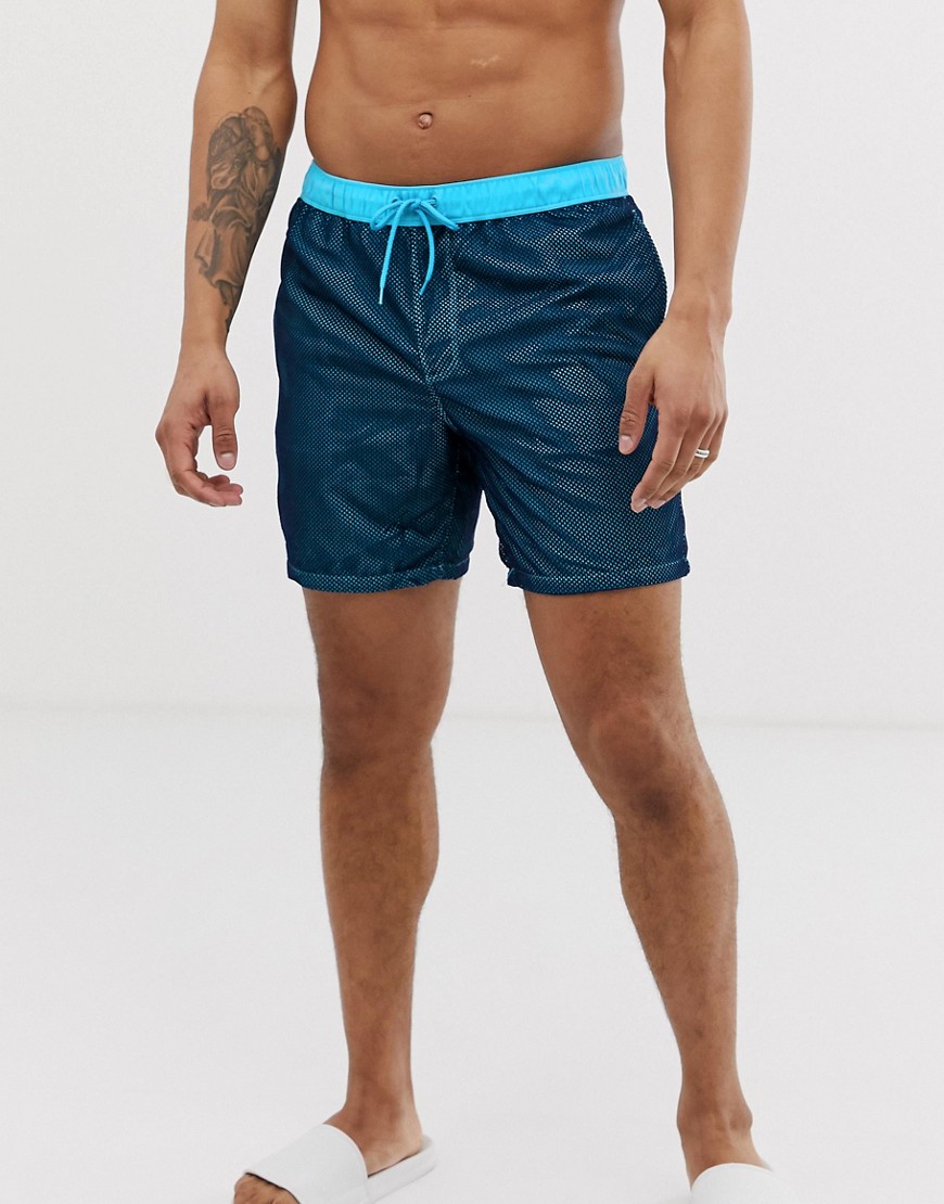 ASOS Swim Shorts In Blue With Mesh Overlay In Mid Length