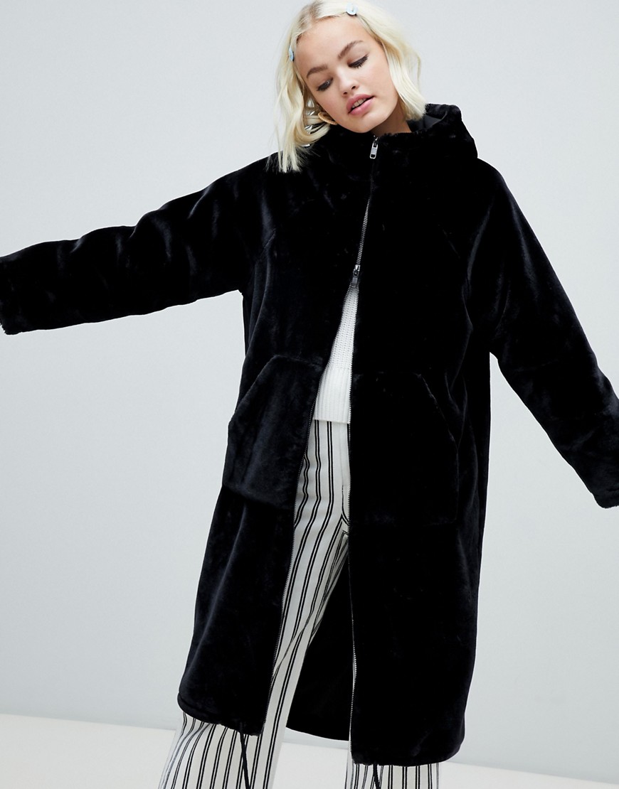 Monki faux fur zip hooded coat in black - Black