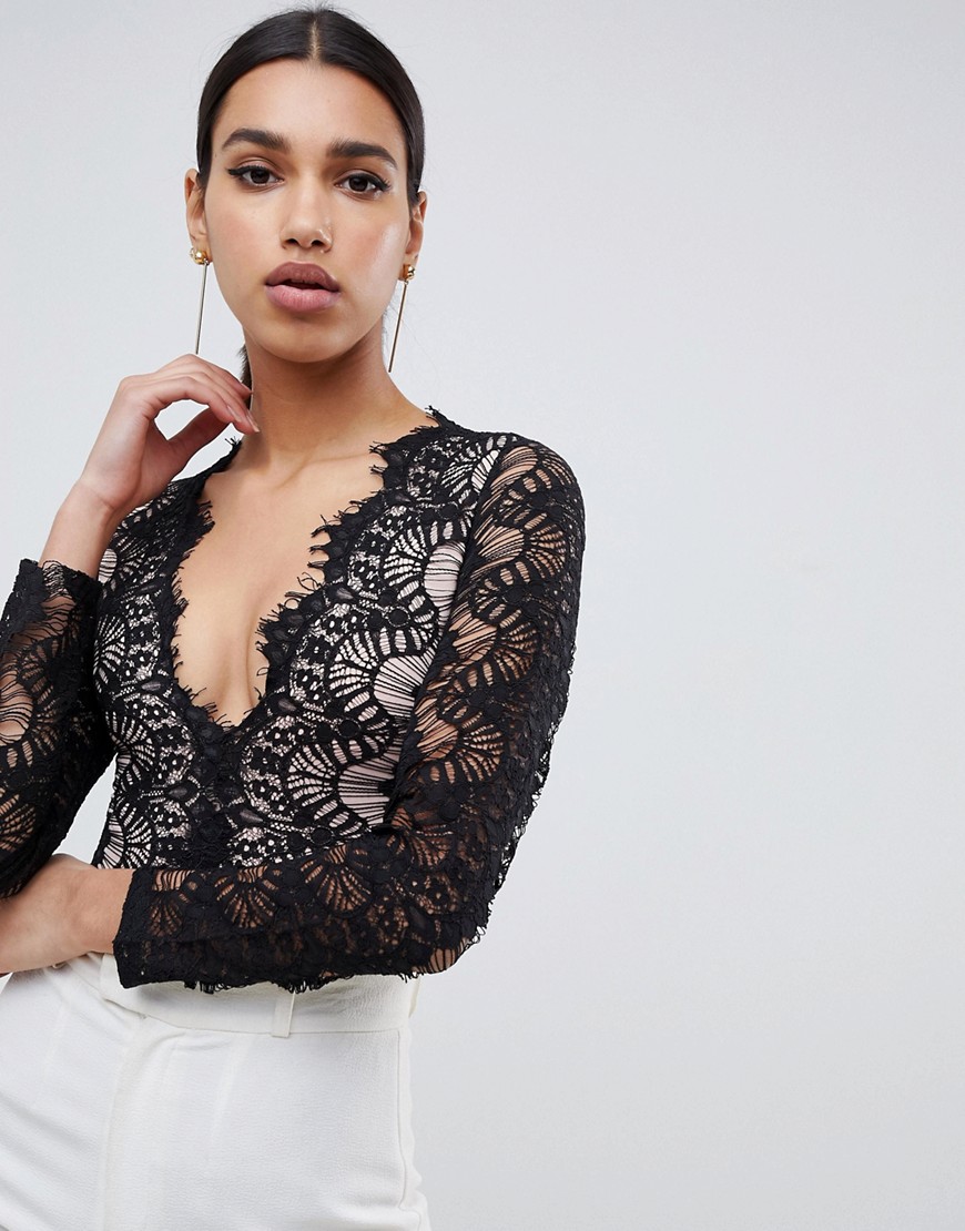 Rare London bodysuit with scalloped lace detail in black