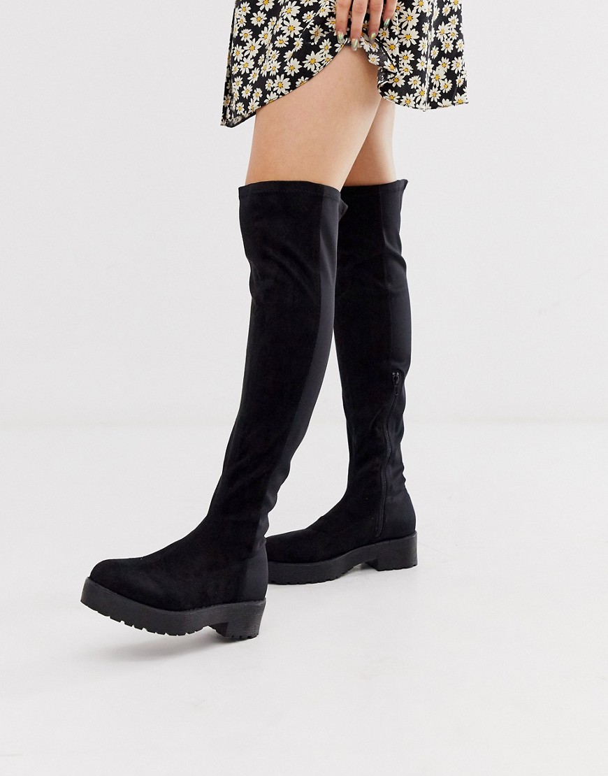 Lost Ink cleated flat elastic over the knee boot in black
