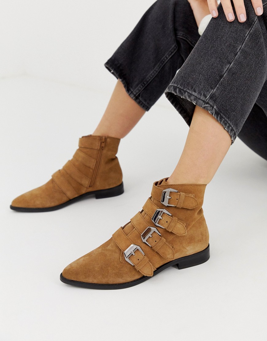 Asos Design Alissa Leather Buckled Boots-tan