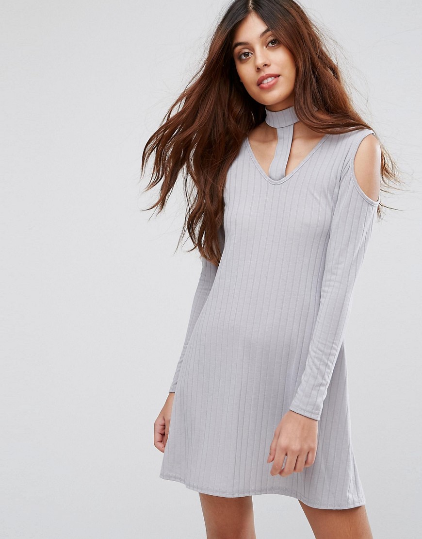 Be Jealous Ribbed Swing Dress With Tie Neck