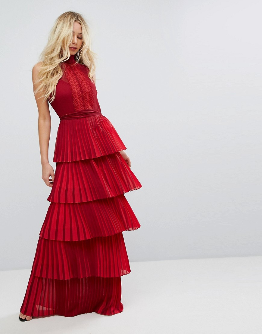 Bodyfrock Tiered Pleated Maxi Dress With Lace Bodice and Tie Belt - Red
