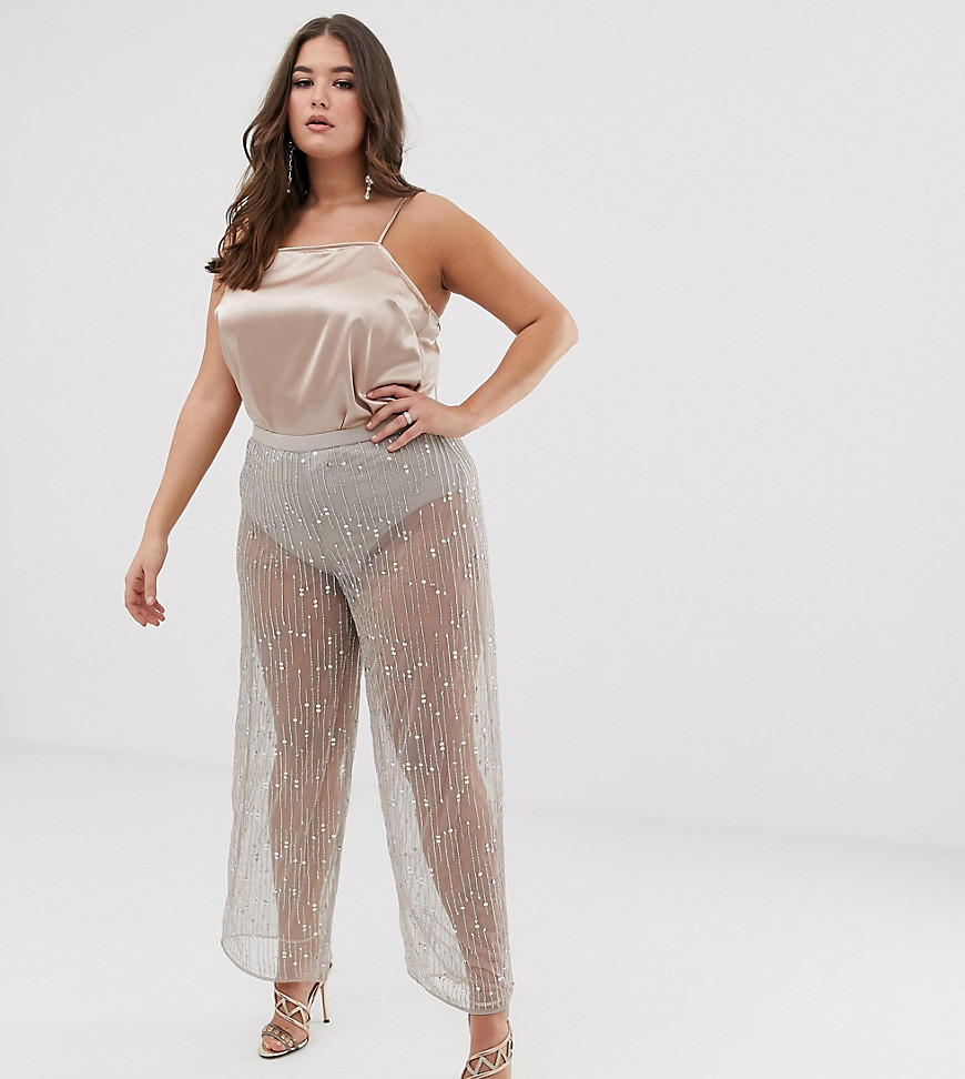 ASOS DESIGN Curve wide leg trousers in mesh with embellishment