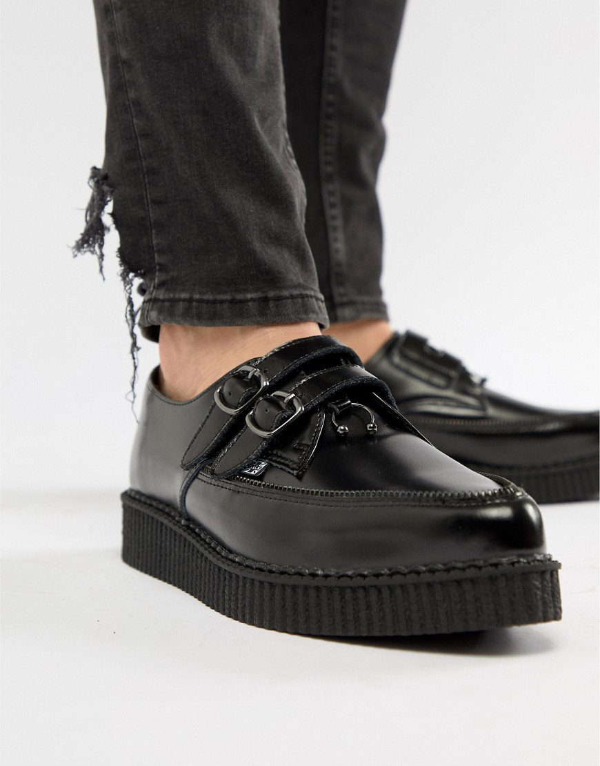 T.U.K 2 Buckle Leather Creepers With Zip Detail - Black