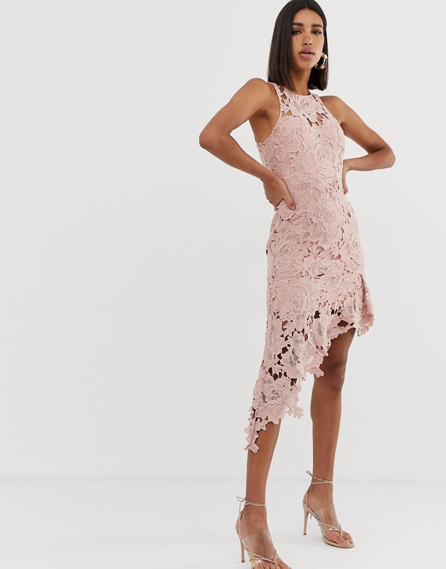 Love Triangle halter neck lace midi dress with asymmetric skirt in pink