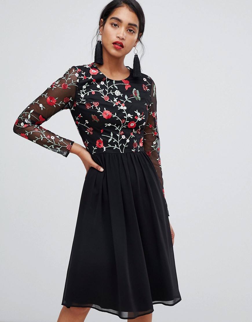 Chi Chi London 2 in 1 embroidered skater dress with chiffon skirt