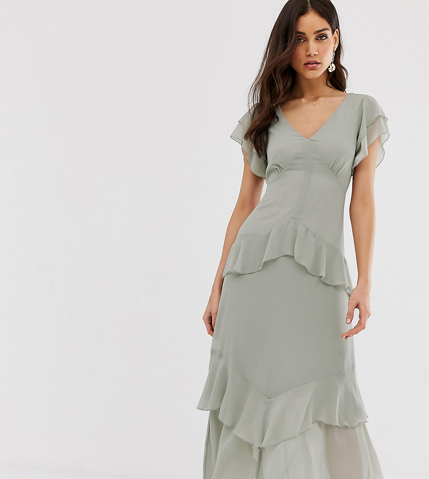 Warehouse tiered maxi dress with ruffles in grey