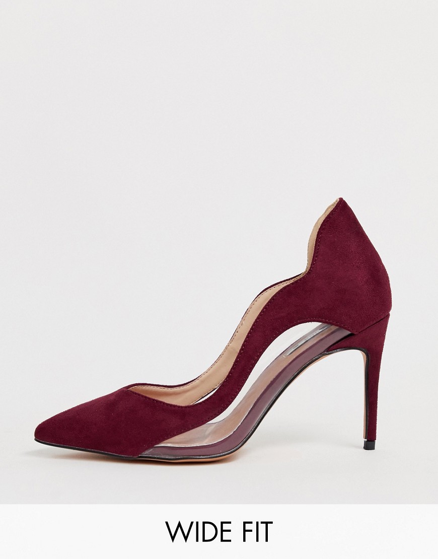 Lost Ink wide fit Abi curved topline pointed court heeled shoe in burgundy