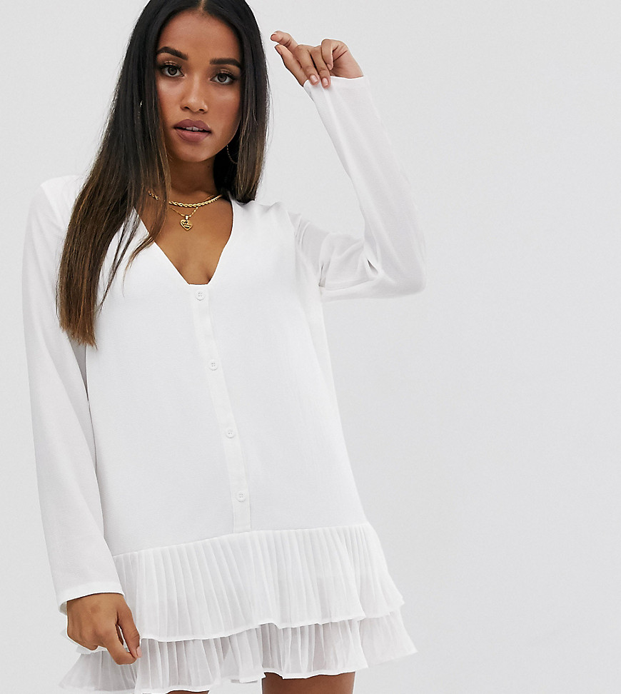 Missguided Petite v neck shift dress with pleated hem in white