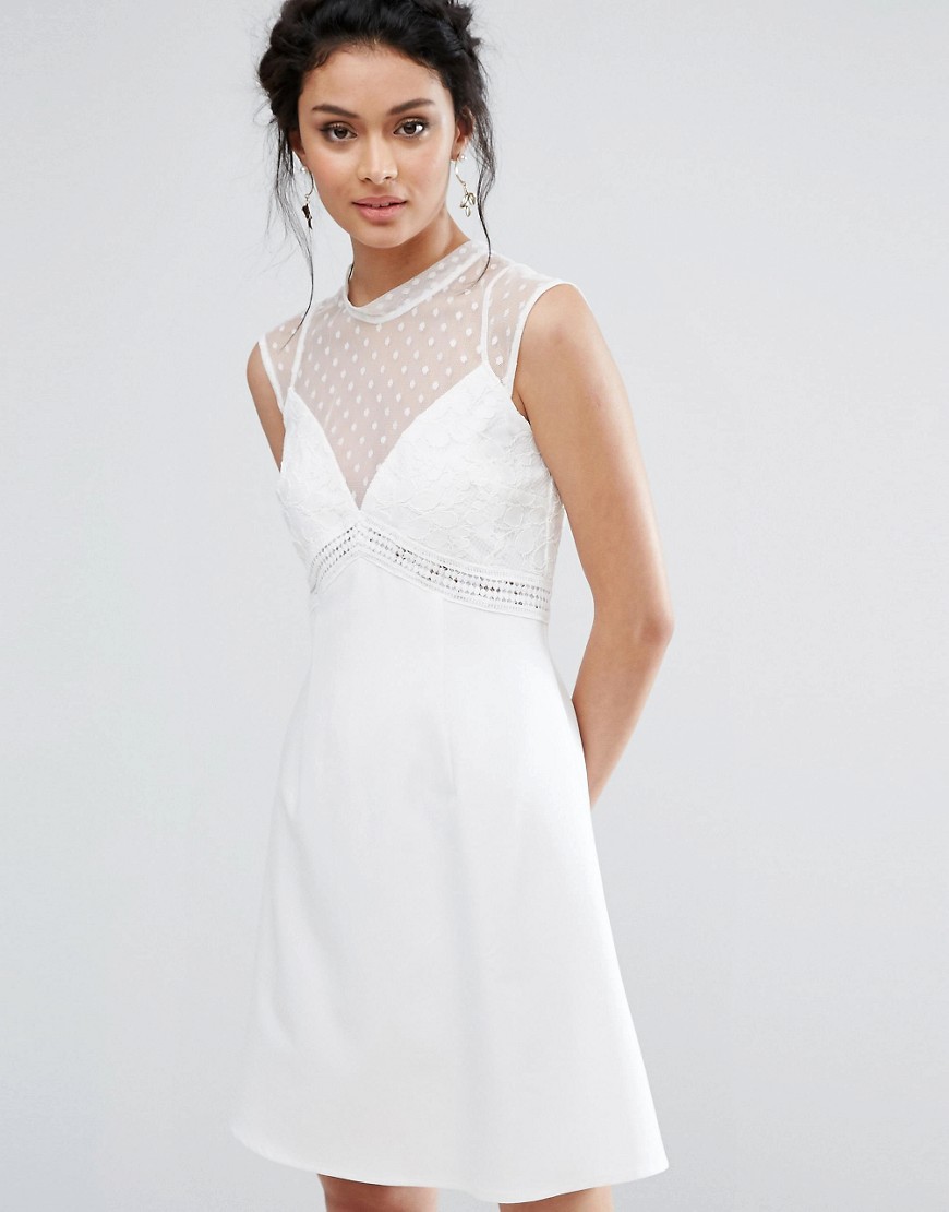 Elise Ryan A-Line Dress With Spot Mesh And Lace Bodice - Ivory