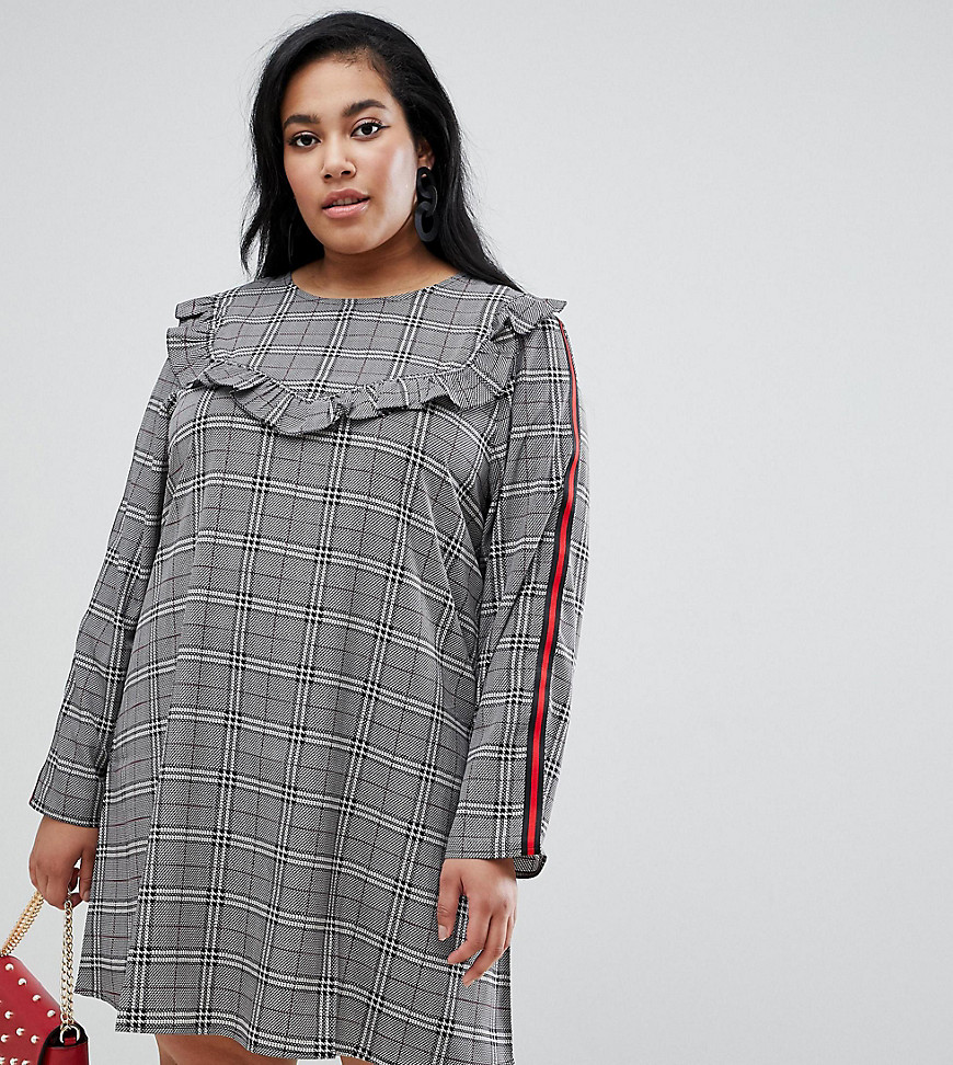 Brave Soul Plus tonic bib front dress in check with tape detail