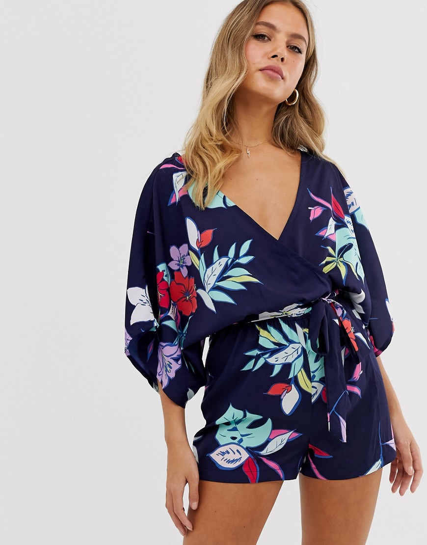 Influence wrap front playsuit in tropical floral print