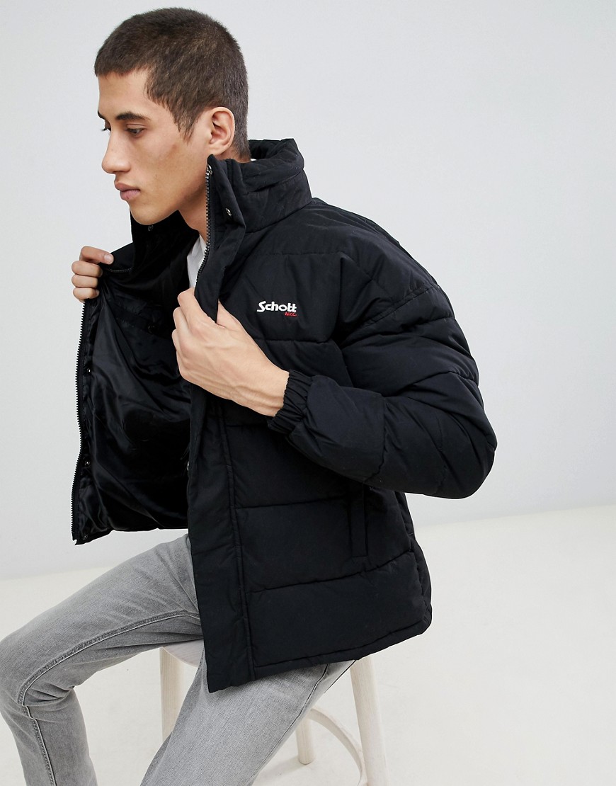 Schott nebraska puffer jacket stowaway hood regular fit in black