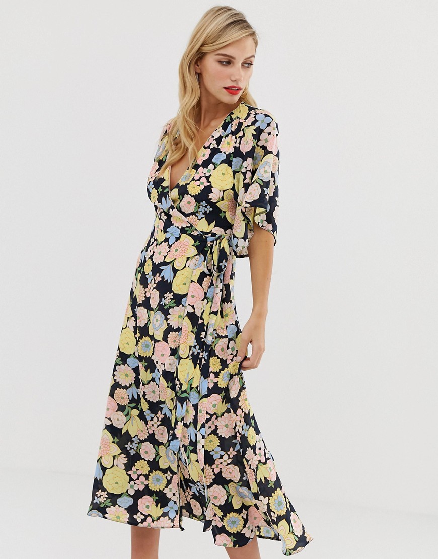Liquorish Wrap Maxi Dress With Tie Belt Detail In Retro Floral Print-multi