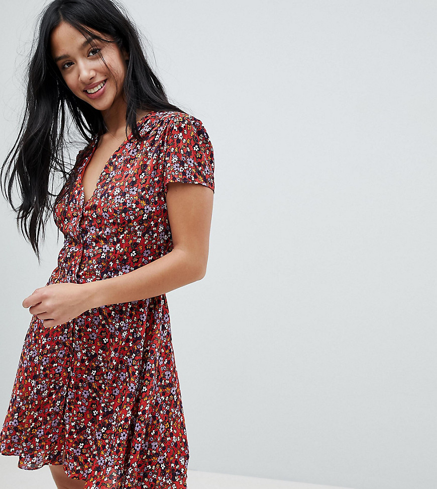 Glamorous Petite Tea Dress In Ditsy Floral - Red base ditsy