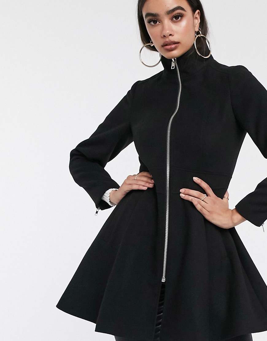 Asos Design Swing Coat With Zip Front Detail In Black