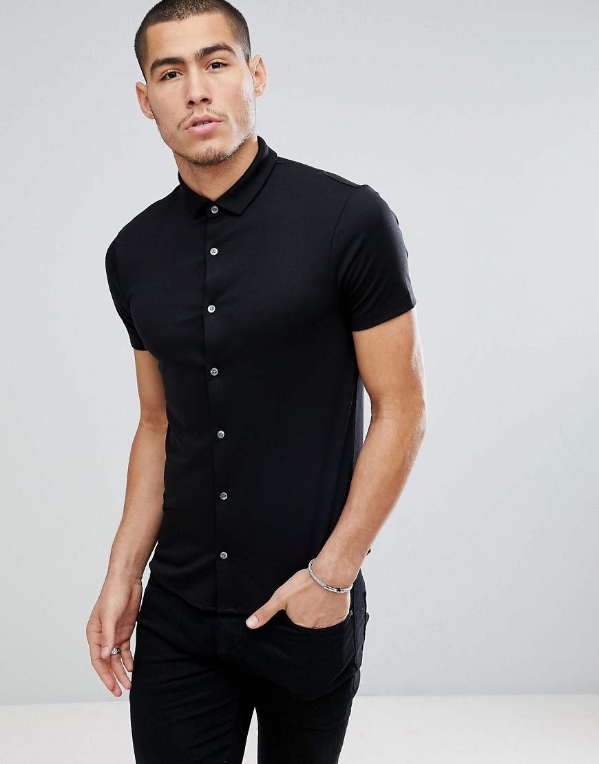 Emporio Armani Slim Fit Mercerised Short Sleeve Shirt In Black - 0999