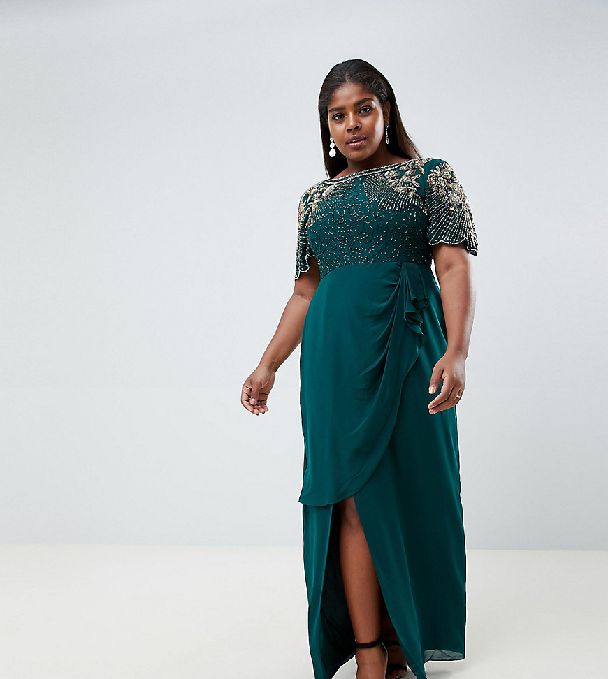 Virgos Lounge Plus ariann embellished maxi dress with frill wrap skirt in emerald green