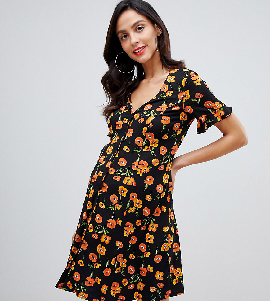ASOS DESIGN Maternity button through tea dress with frill sleeve in floral print