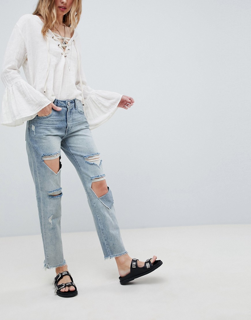 One Teaspoon Awesome Baggies High Waisted Straight Leg jeans with Rips