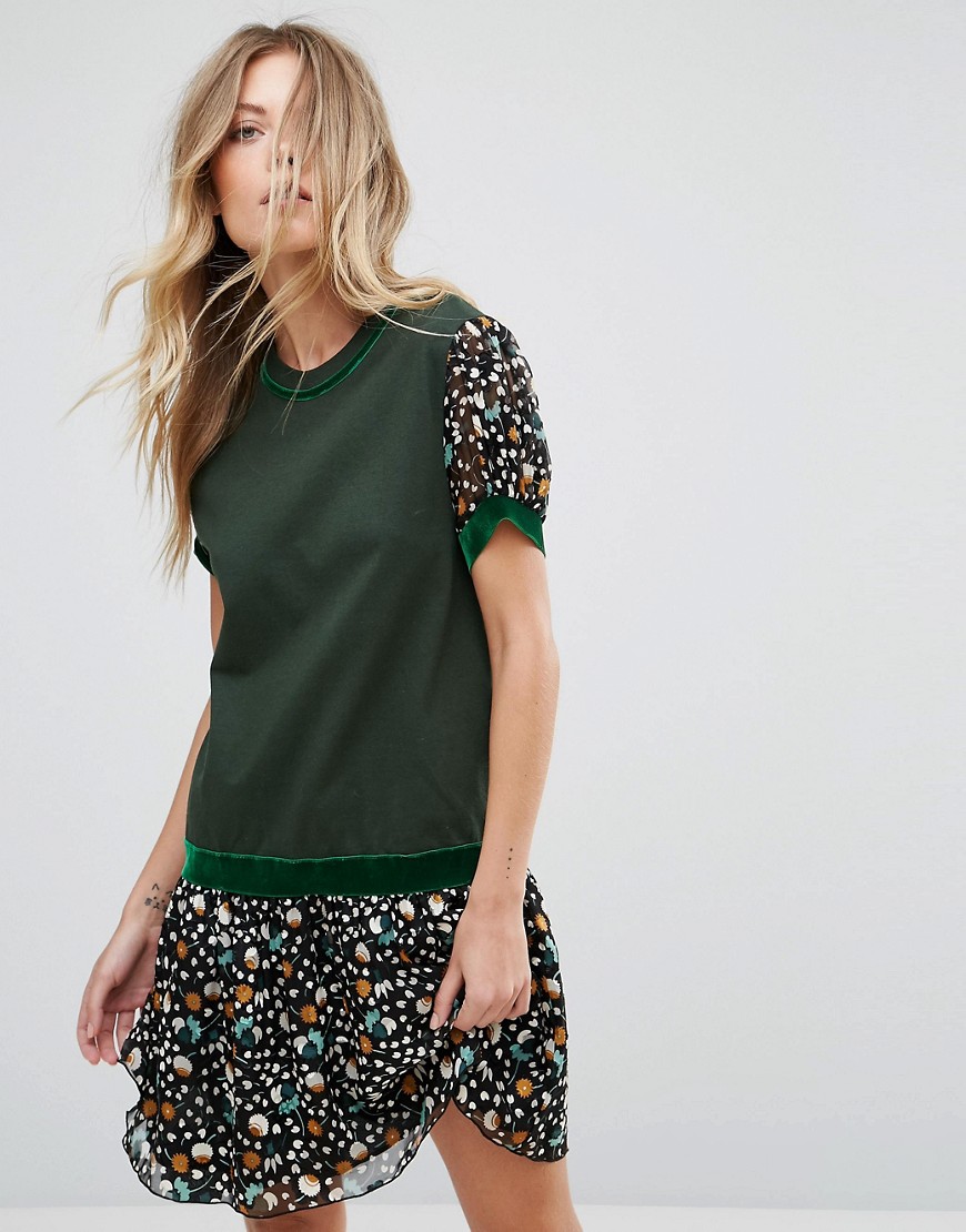 Anna Sui Drop Waist Jersey Dress in Dandelion Medley Print - Forest green