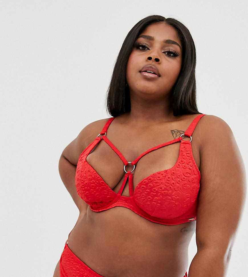 Figleaves Curve underwired plunge strappy bikini top with ring detail in embossed red leopard
