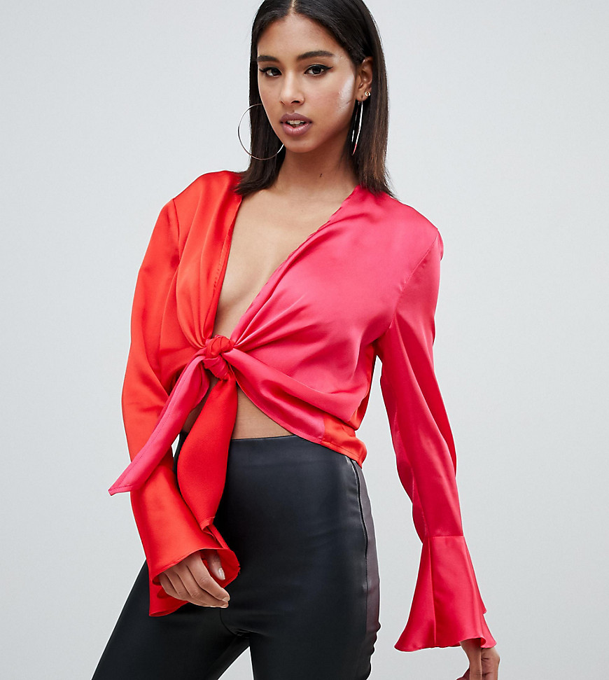 Missguided tie front two tone satin blouse in multi