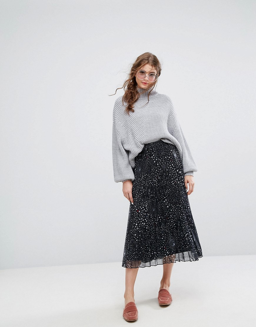 Lily and Lionel Pleated Midi Skirt in Celestial Print - Black