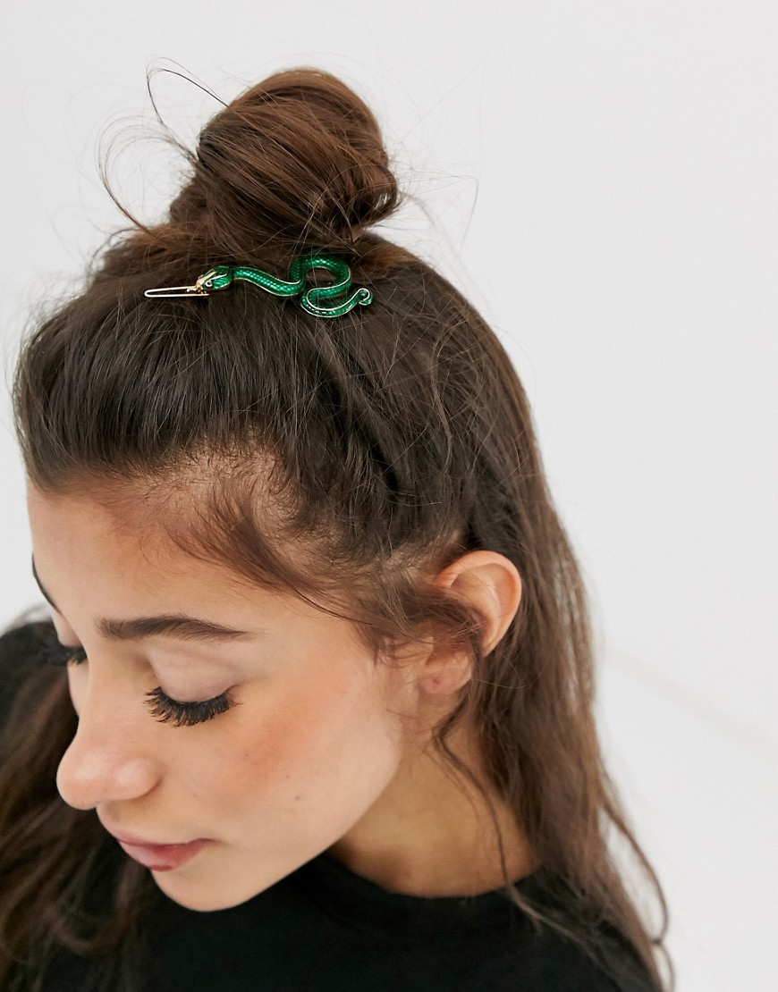 ASOS DESIGN hair clip in painted snake design in gold tone