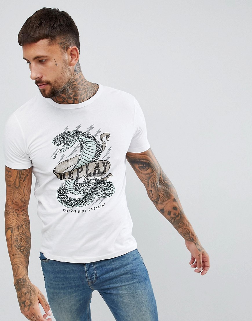 Replay snake banner t-shirt in white - White