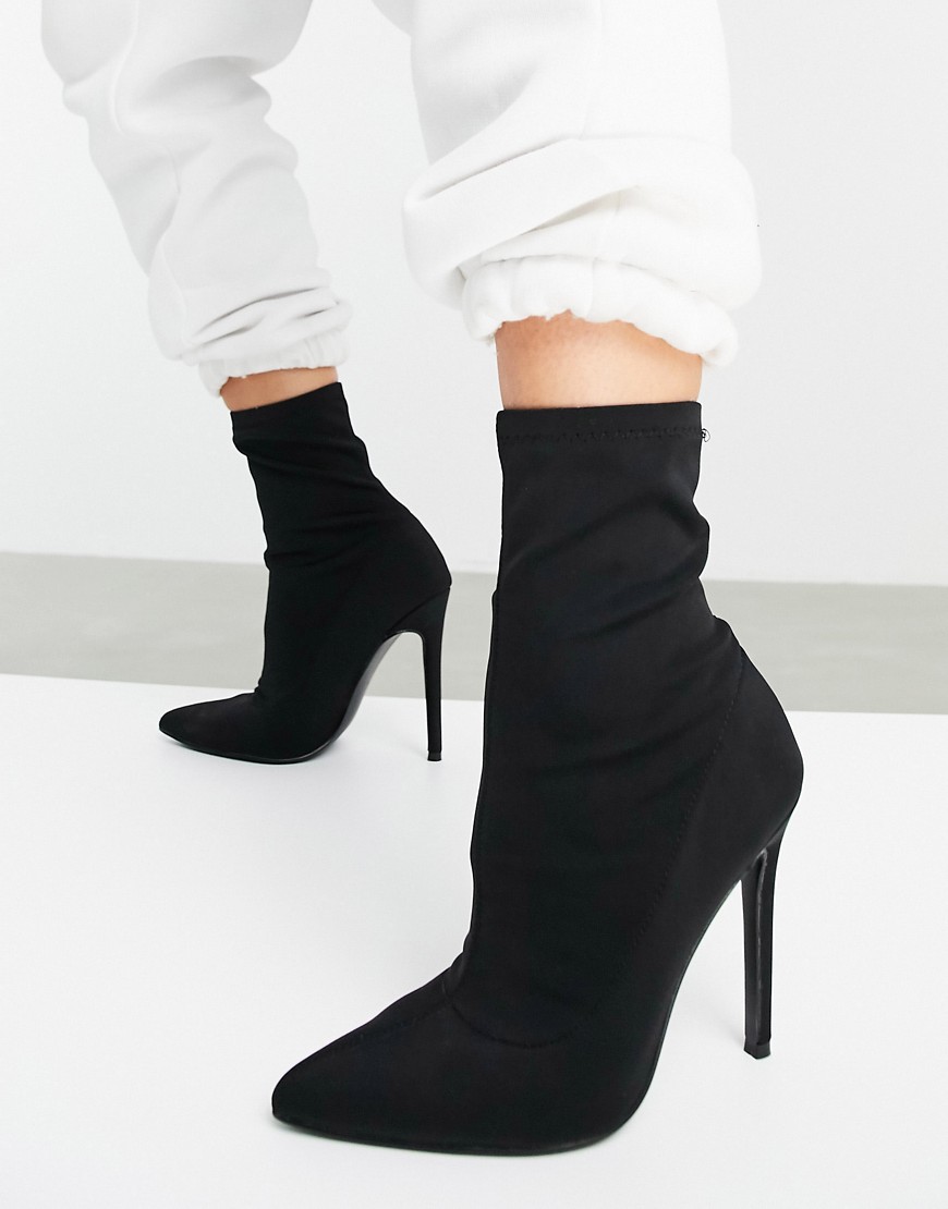 Asos Design Wide Fit Emerald High Heeled Sock Boots In Black Micro