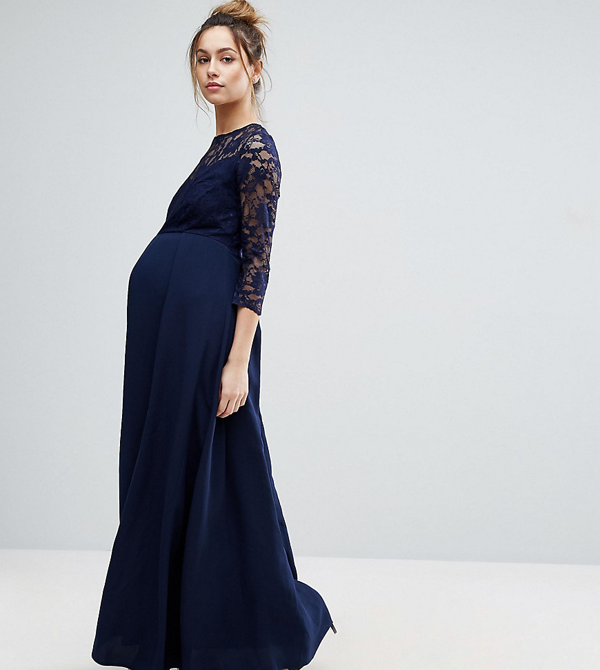 Queen Bee LACE BODICE MAXI DRESS WITH CHIFFON SKIRT - NAVY