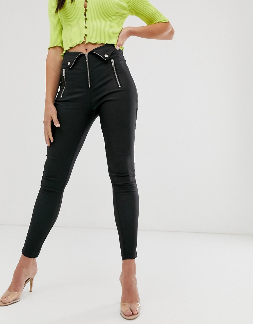 Parallel Lines leather look slim biker trouser with multiple zip and button detail in black