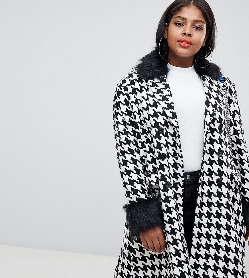 UNIQUE21 Hero Plus oversized car coat in dogtooth with faux fur collar and cuffs