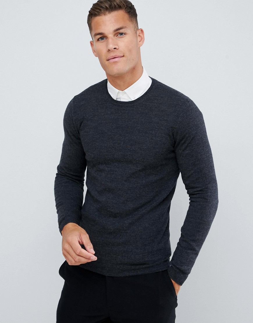 ASOS DESIGN muscle fit merino wool jumper in charcoal