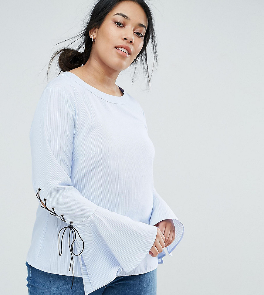 Unique 21 Hero Plus Blouse With Fluted Sleeves & Lace Up Detail - Blue