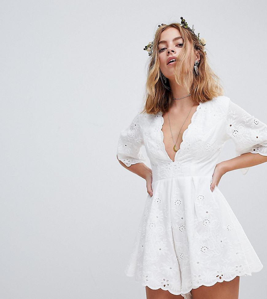 Sisters Of The Tribe Petite Playsuit In Broderie - White